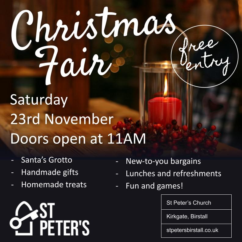 Advert for the St Peters Birstall Christmas Fair 2024